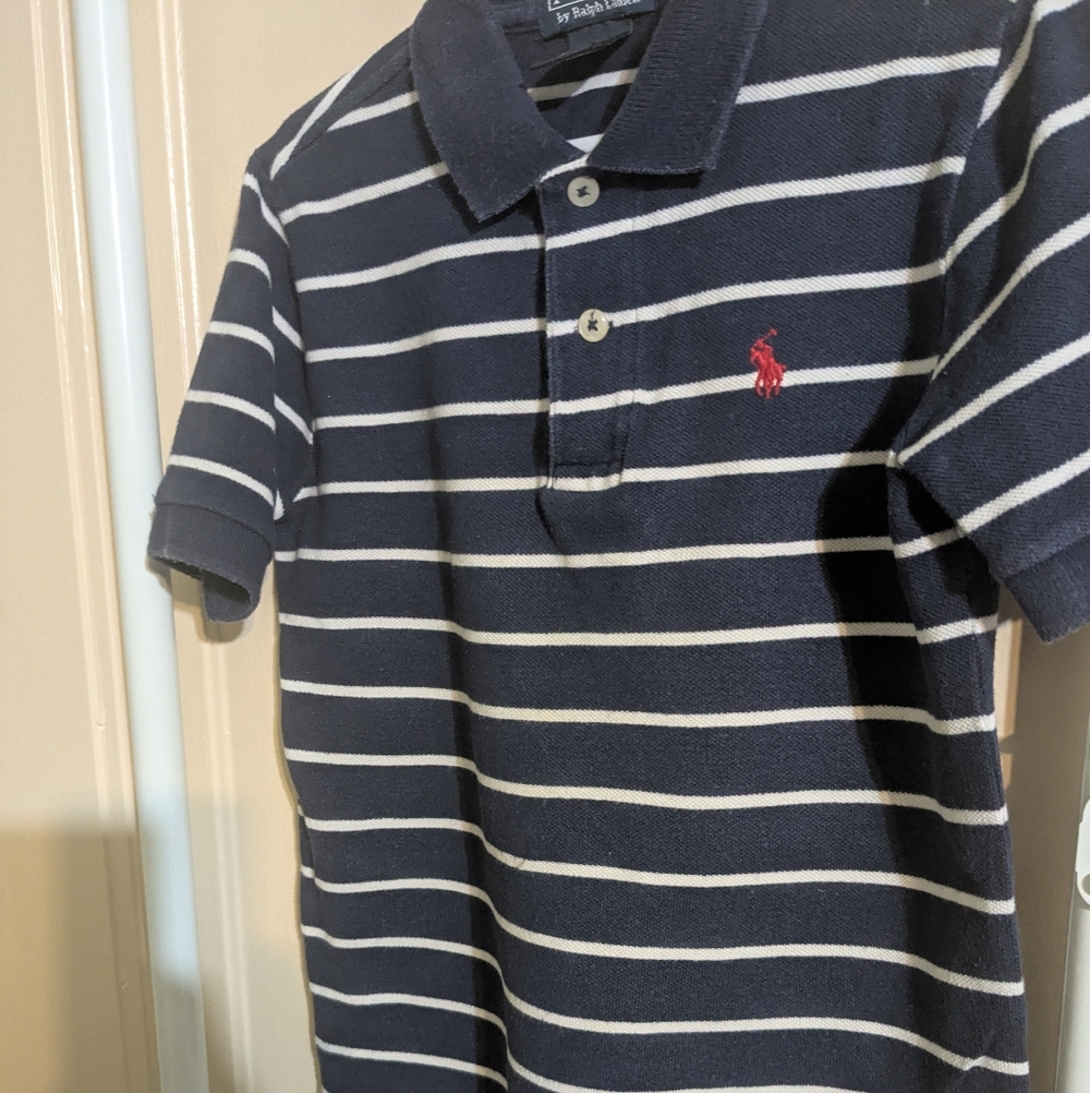 Ralph Lauren Navy and White Striped Polo with Red Pony